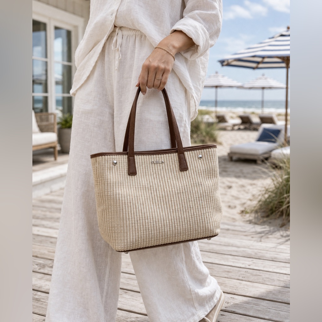 Furla Woven Straw Tote Cream Brown Leather Trim Large Shoulder Bag Resort Luxury